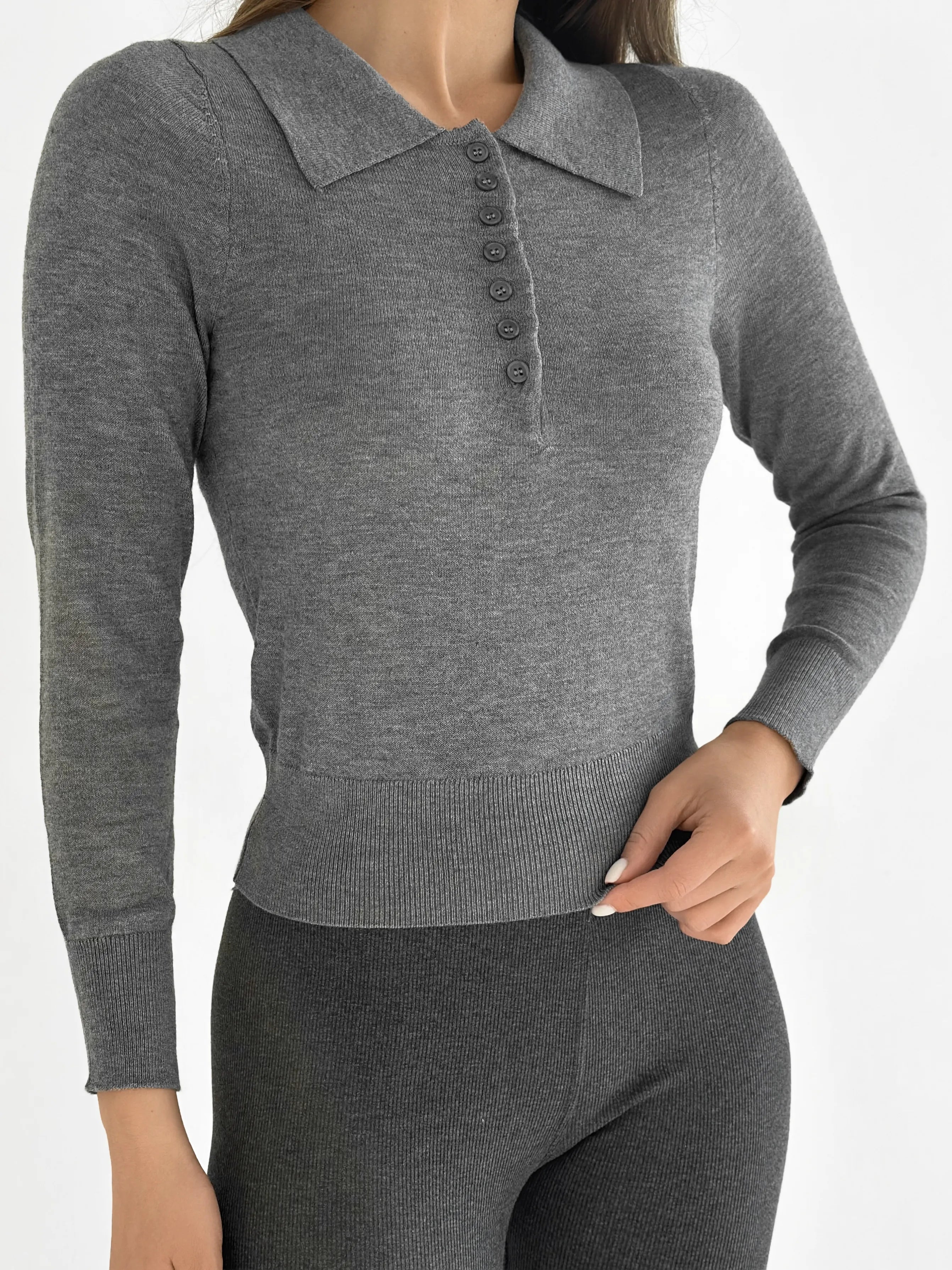 Sweter z kołnierzykiem, dzianina, szary