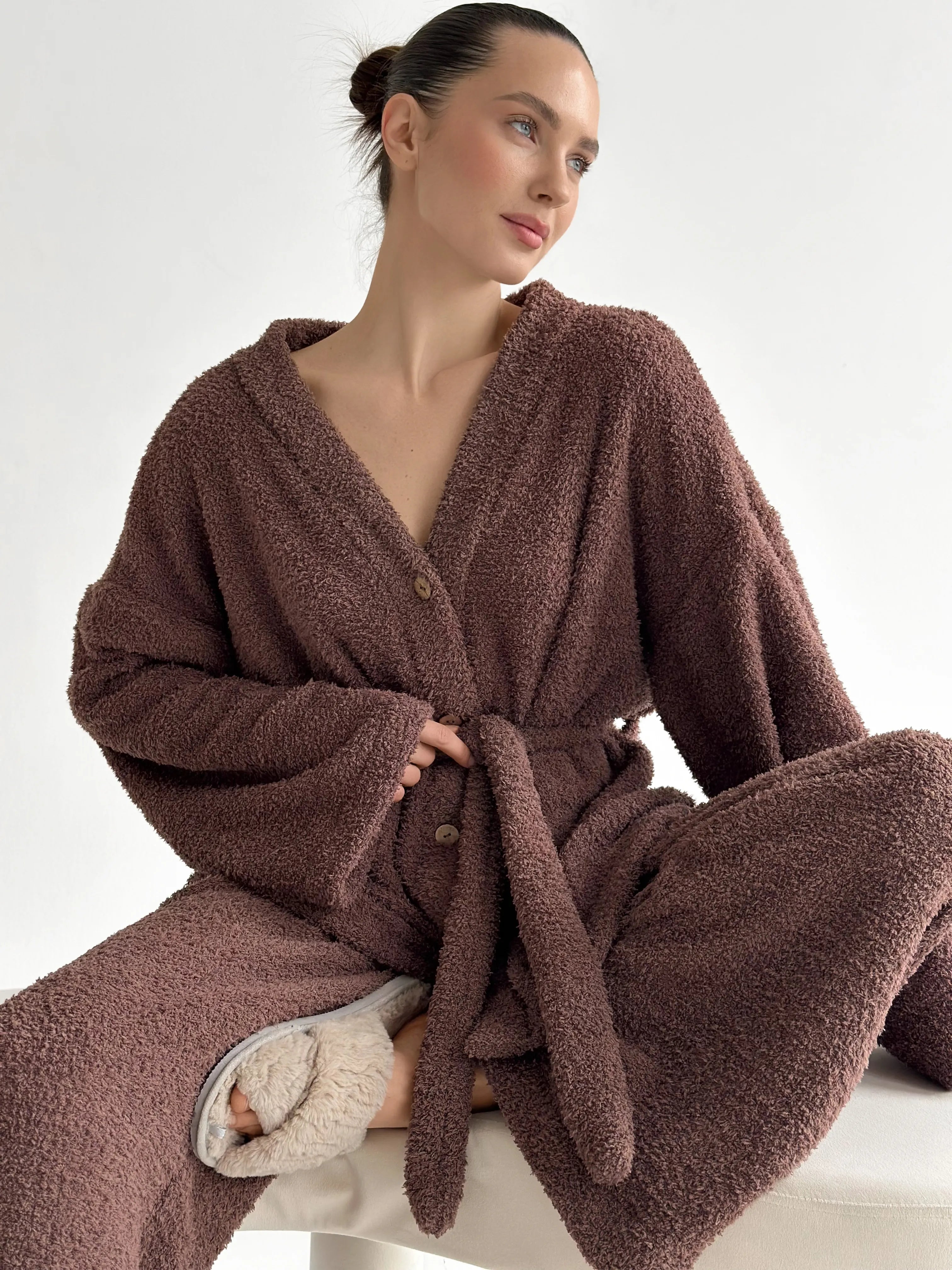 Bluza Soft frotte na guziki, brązowa