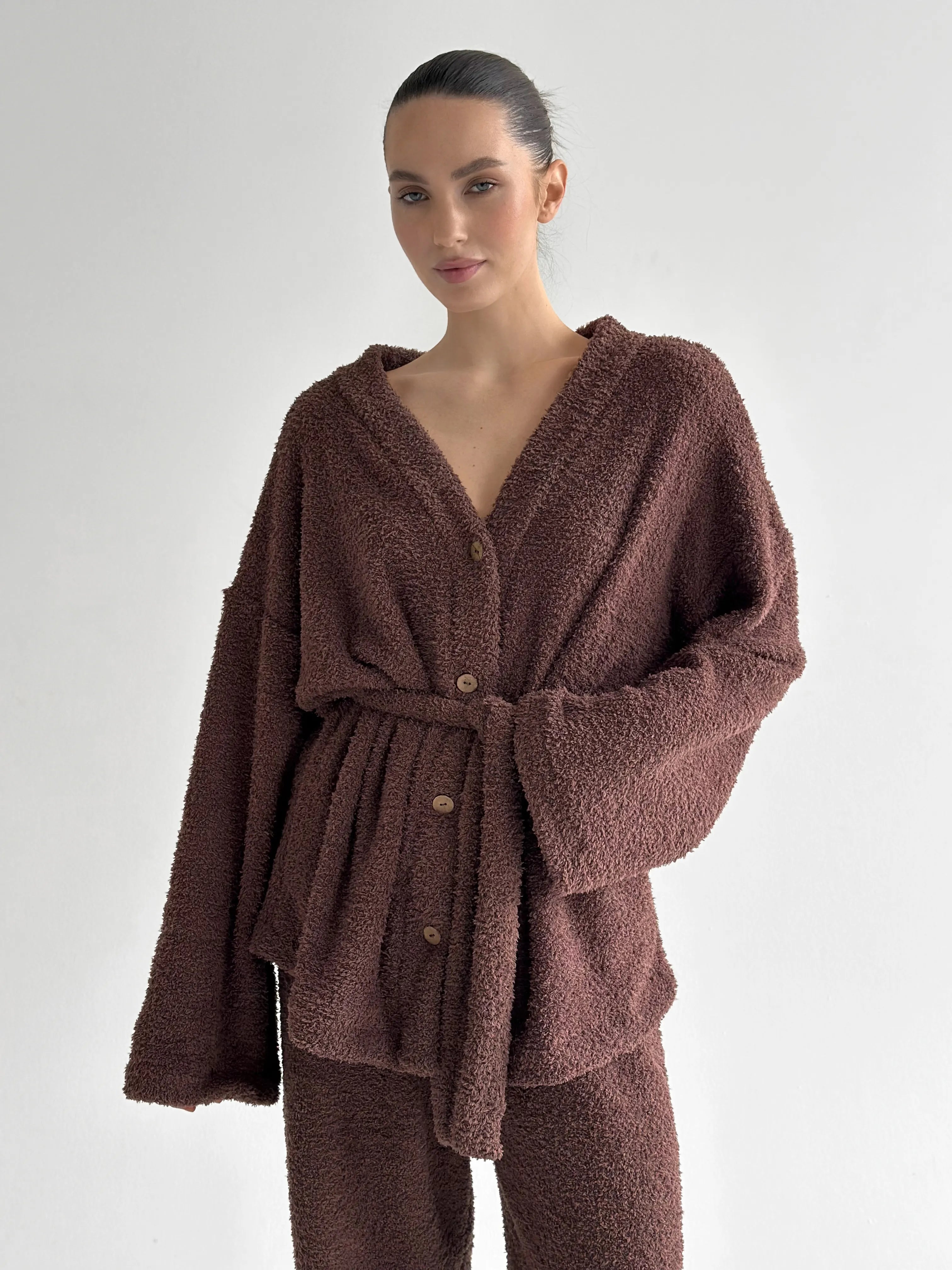 Bluza Soft frotte na guziki, brązowa