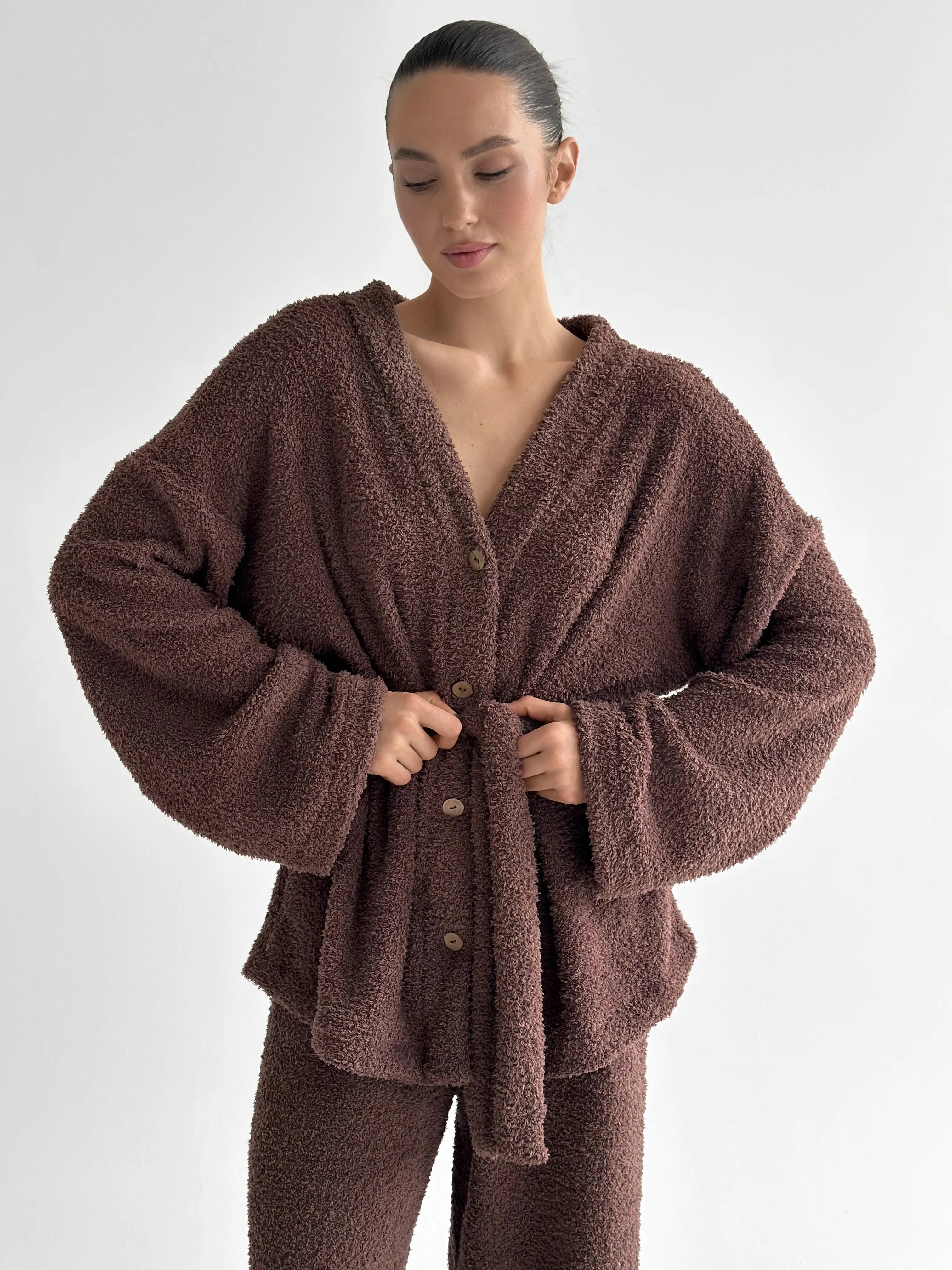 Bluza Soft frotte na guziki, brązowa