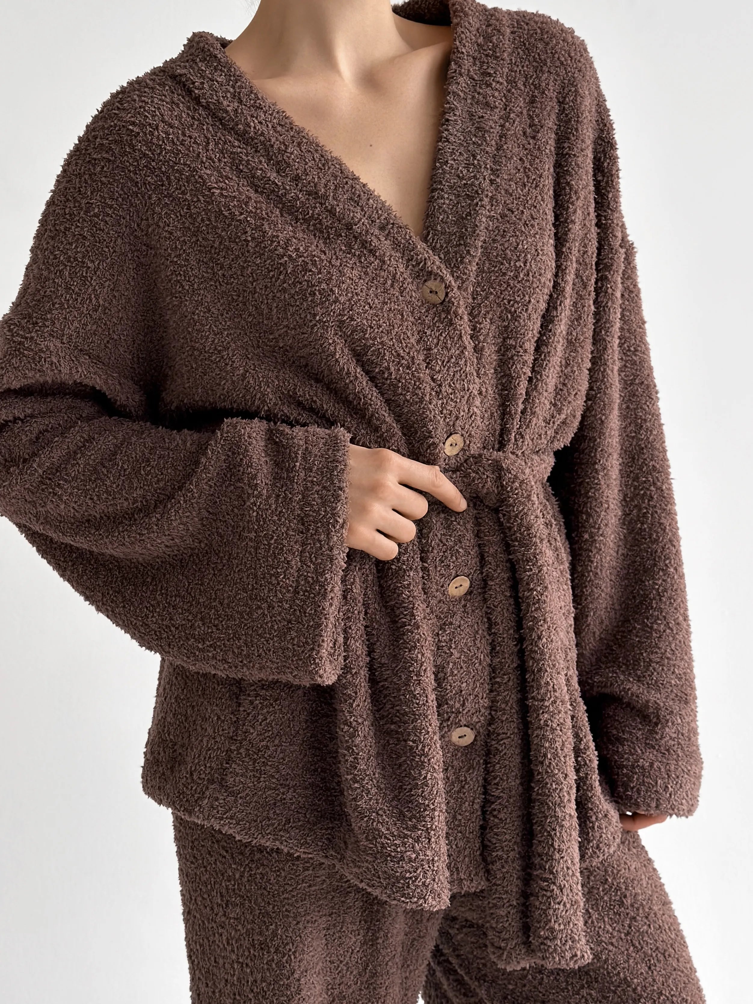 Bluza Soft frotte na guziki, brązowa
