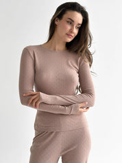 Komplet, dzianina prążkowana, szerokie spodnie i longsleeve, mleczny
