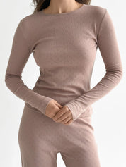 Komplet, dzianina prążkowana, szerokie spodnie i longsleeve, mleczny