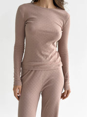 Komplet, dzianina prążkowana, szerokie spodnie i longsleeve, mleczny