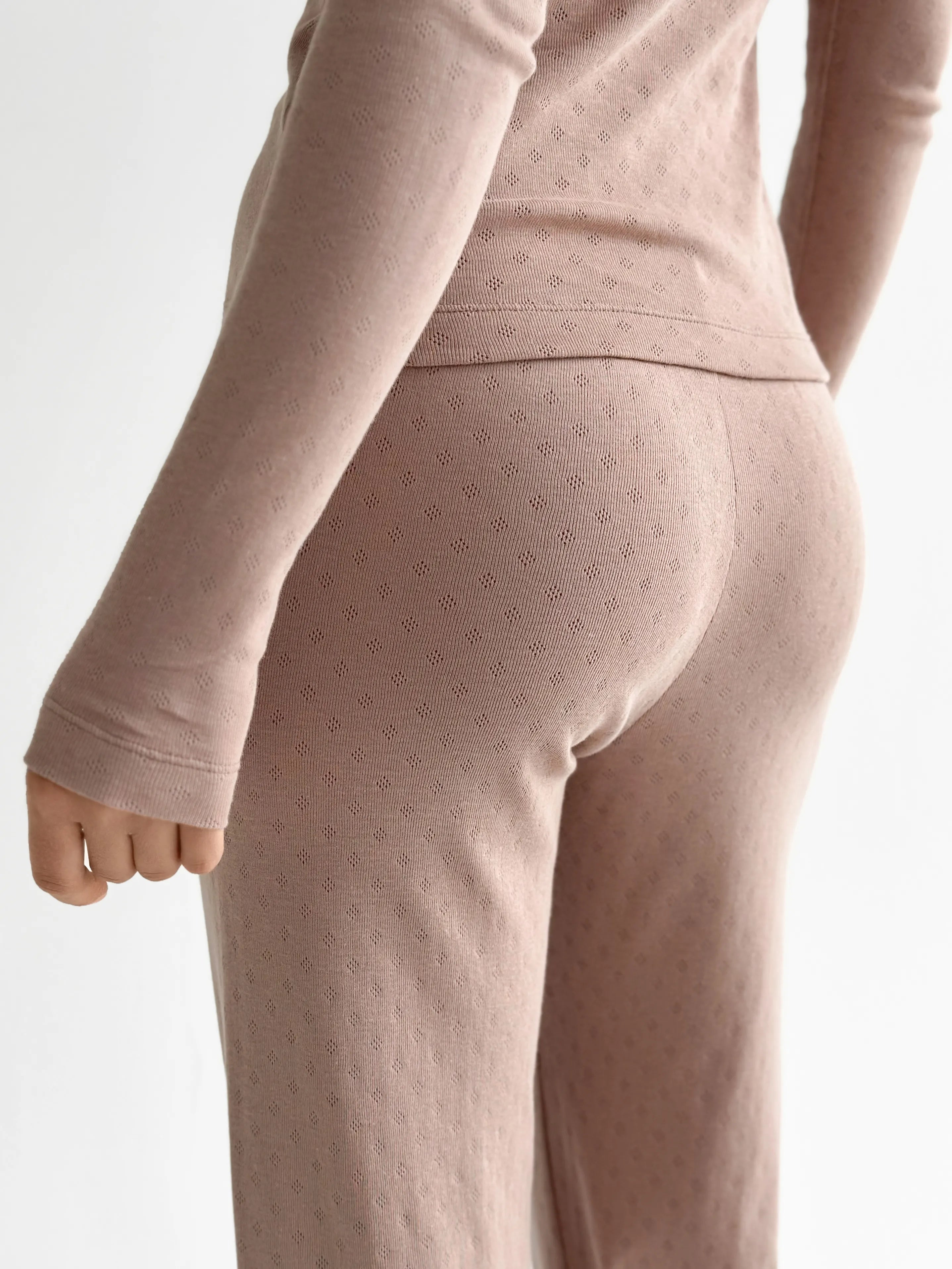 Komplet, dzianina prążkowana, szerokie spodnie i longsleeve, mleczny