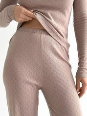 Komplet, dzianina prążkowana, szerokie spodnie i longsleeve, mleczny