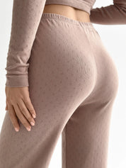 Komplet, dzianina prążkowana, szerokie spodnie i longsleeve, mleczny