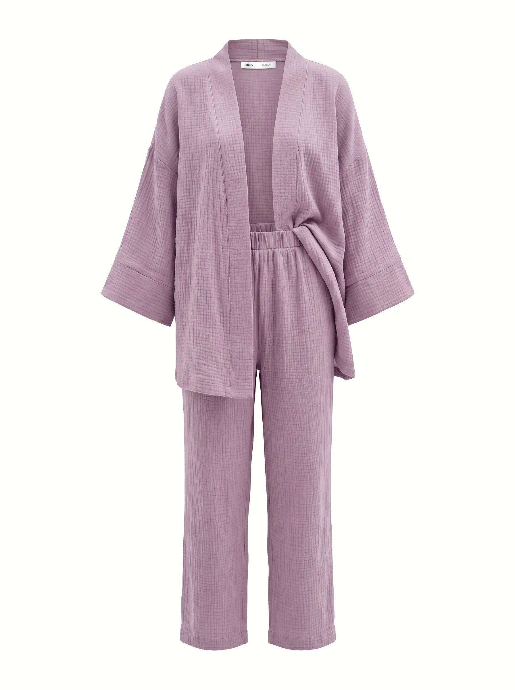 Komplet kimono i spodnie z muślinu dwuwarstwowego, fioletowy