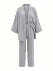 Komplet szlafrok krótki kimono i spodnie, z muślinu dwuwarstwowego, szary
