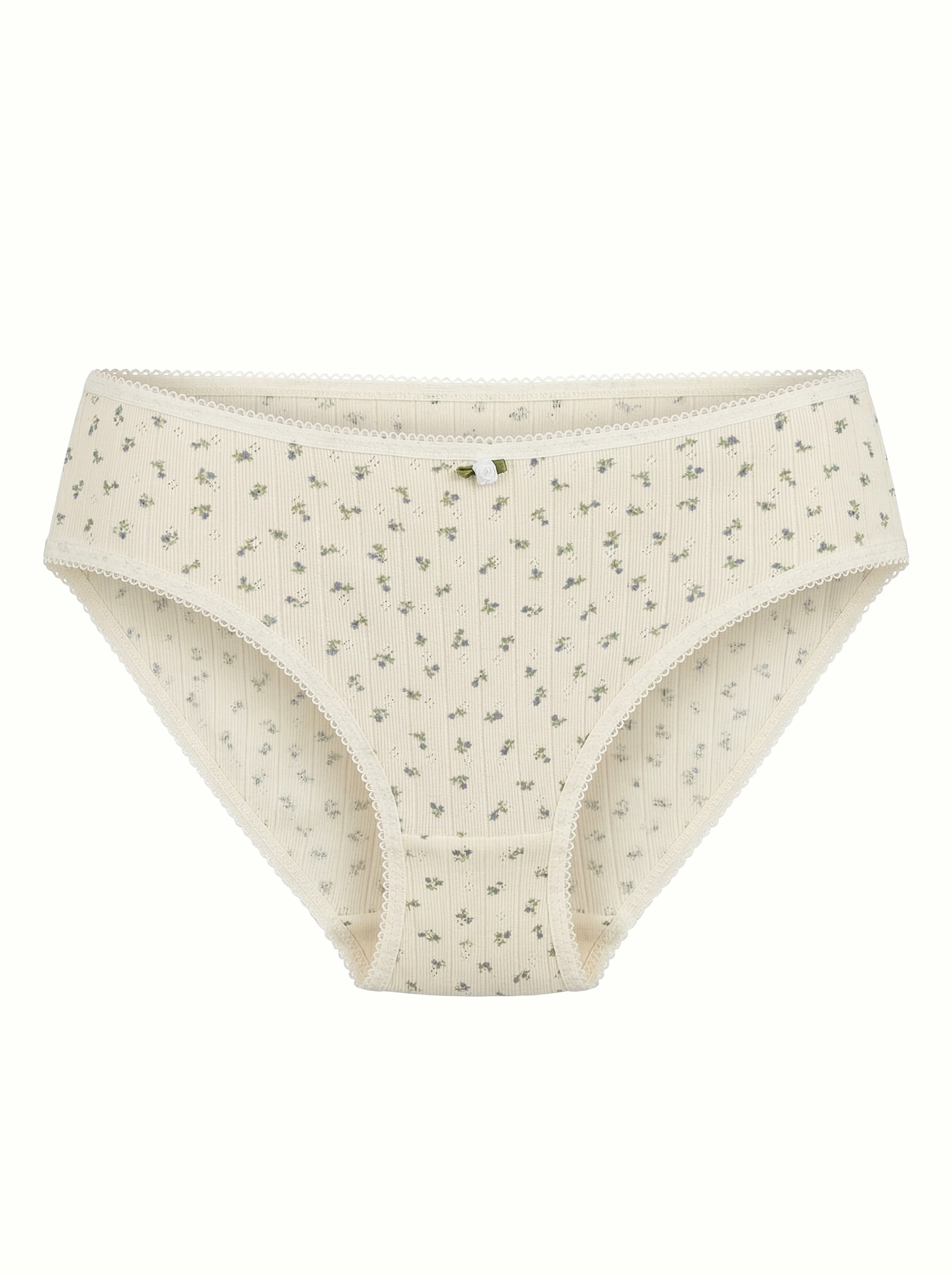 Majtki Slip, dzianina prążkowana, kremowe w niebieskie kwiatki