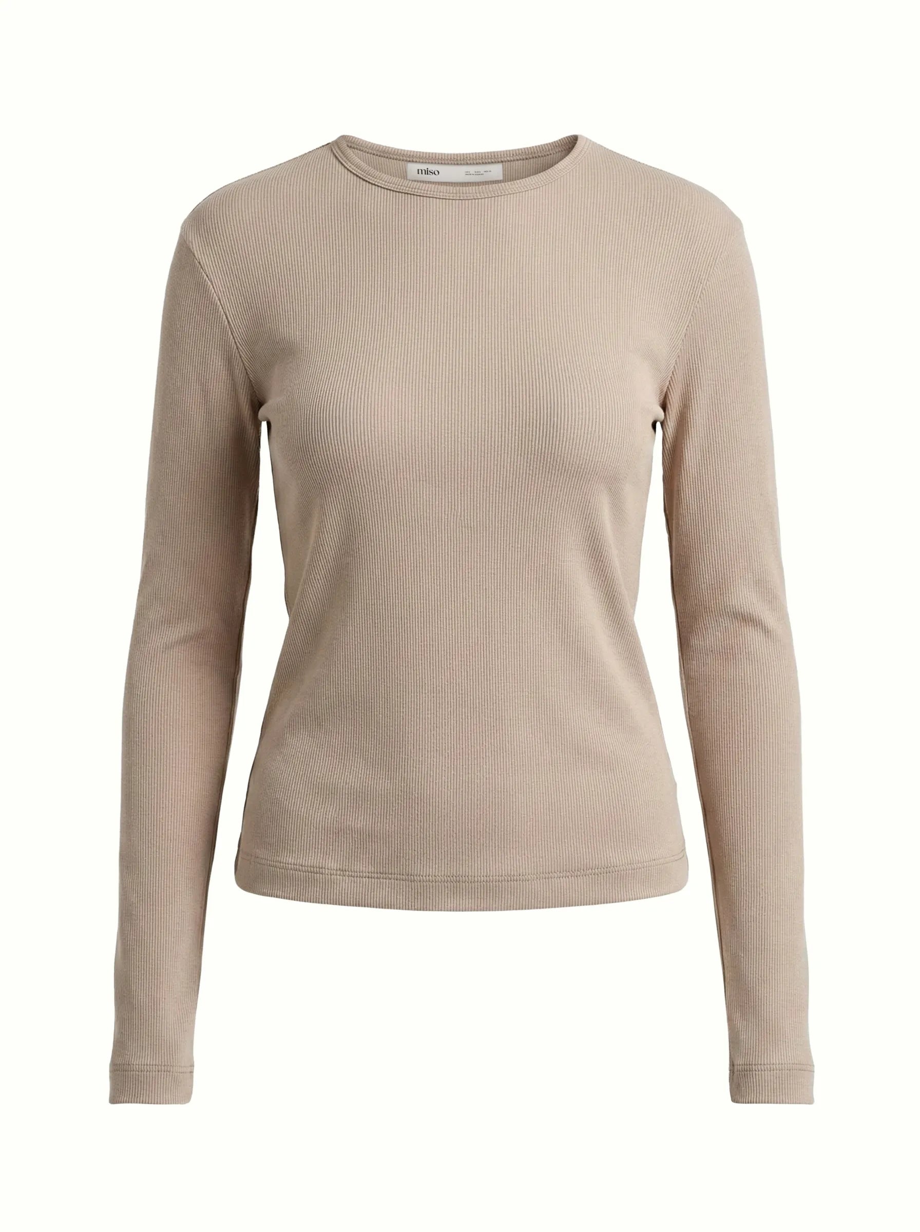 Koszulka longsleeve, z dzianiny prążkowanej, beżowa