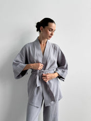 Komplet szlafrok krótki kimono i spodnie, z muślinu dwuwarstwowego, szary