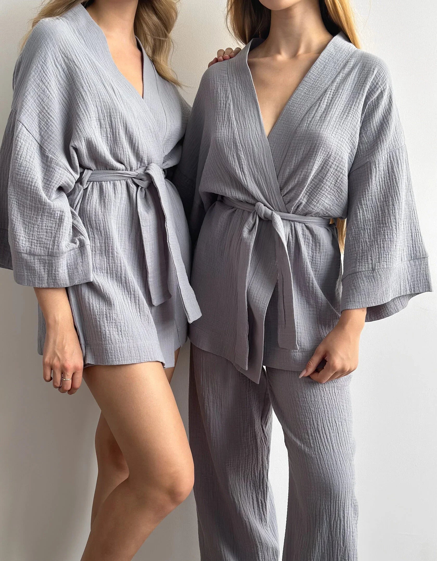 Komplet szlafrok krótki kimono i spodnie, z muślinu dwuwarstwowego, szary