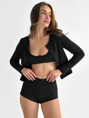 Longsleeve, dzianina prążkowana, czarny