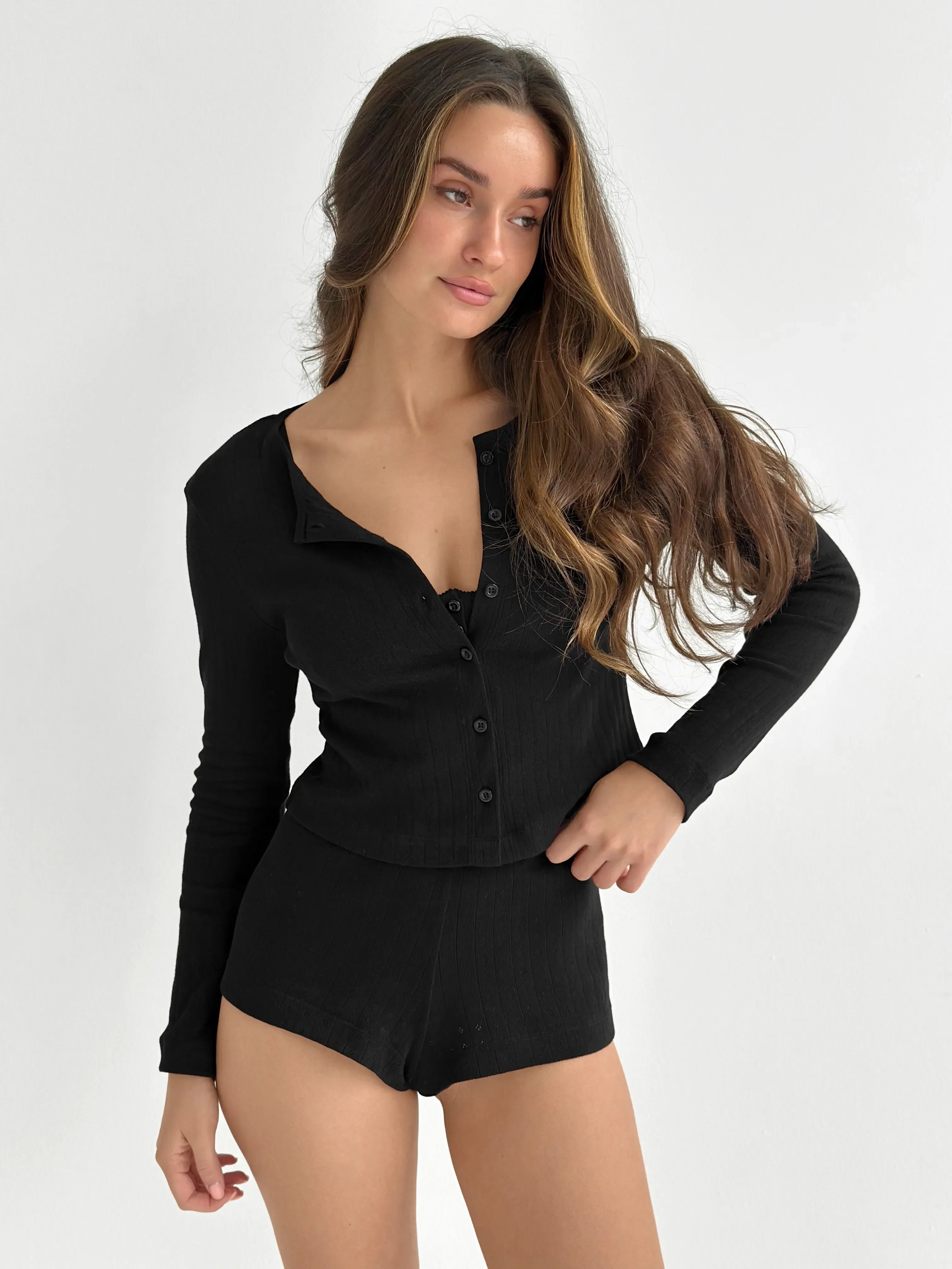Longsleeve, dzianina prążkowana, czarny