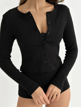 Longsleeve, dzianina prążkowana, czarny