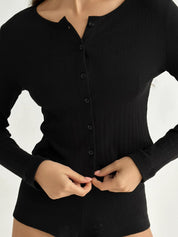 Longsleeve, dzianina prążkowana, czarny