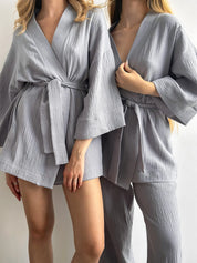 Komplet szlafrok krótki kimono i spodnie, z muślinu dwuwarstwowego, szary