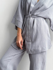 Komplet szlafrok krótki kimono i spodnie, z muślinu dwuwarstwowego, szary