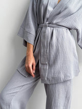 Komplet szlafrok krótki kimono i spodnie, z muślinu dwuwarstwowego, szary