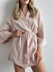 Komplet szlafrok krótki kimono i szorty, z muślinu dwuwarstwowego, pudrowy