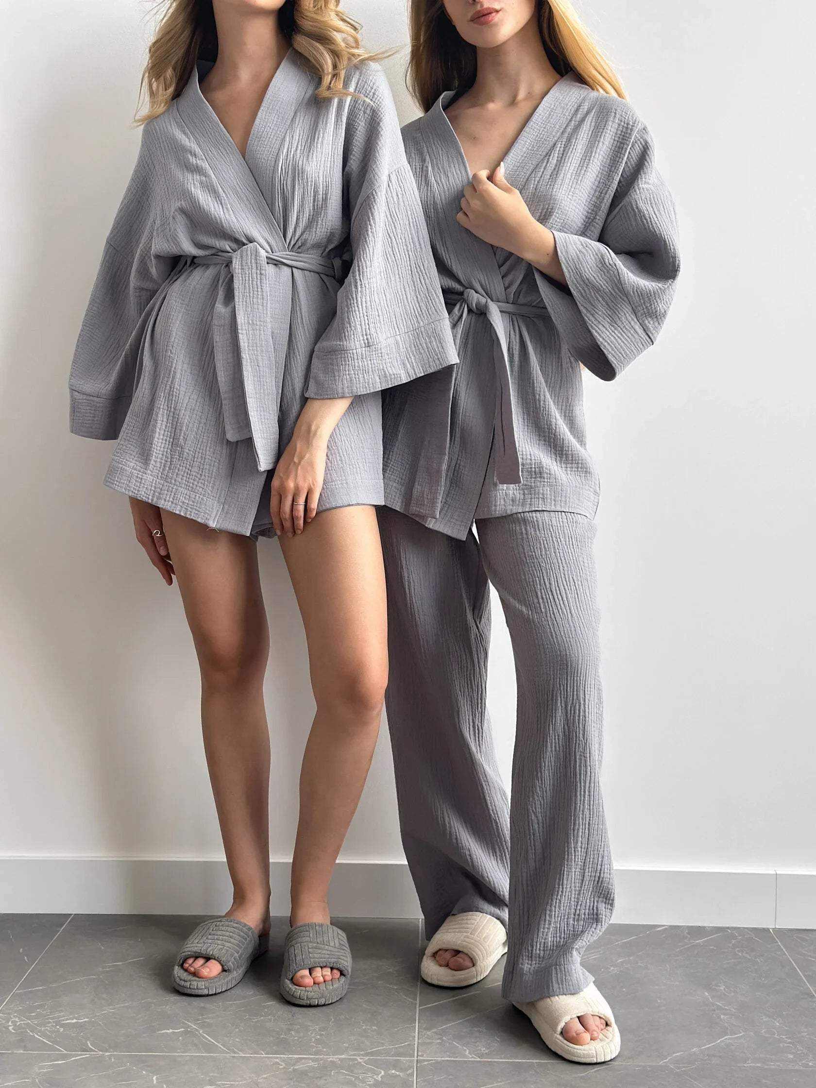 Komplet szlafrok krótki kimono i spodnie, z muślinu dwuwarstwowego, szary