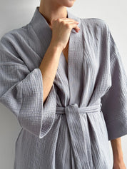 Komplet szlafrok krótki kimono i spodnie, z muślinu dwuwarstwowego, szary