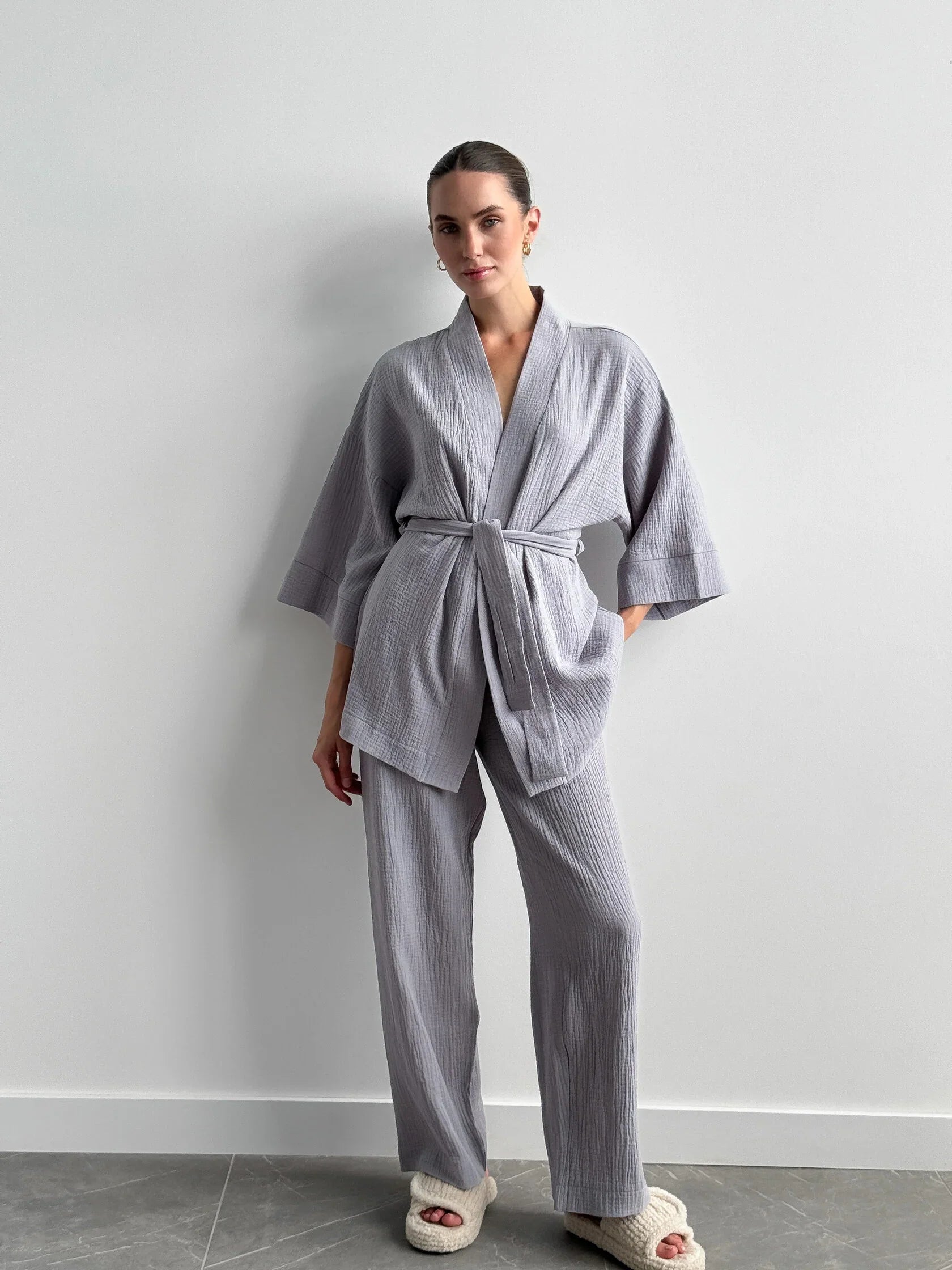 Komplet szlafrok krótki kimono i spodnie, z muślinu dwuwarstwowego, szary