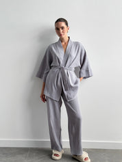 Komplet szlafrok krótki kimono i spodnie, z muślinu dwuwarstwowego, szary