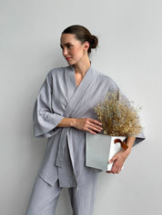 Komplet szlafrok krótki kimono i spodnie, z muślinu dwuwarstwowego, szary