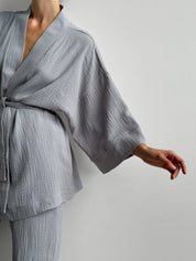 Komplet szlafrok krótki kimono i spodnie, z muślinu dwuwarstwowego, szary
