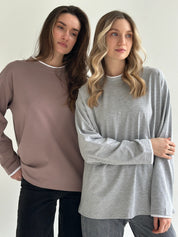 Koszulka longsleeve z białą lamówką, cappuccino
