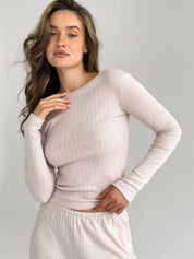 Komplet, dzianina prążkowana, szerokie spodnie i longsleeve, mleczny