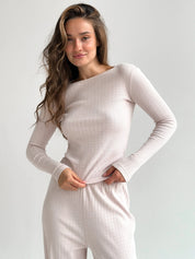Komplet, dzianina prążkowana, szerokie spodnie i longsleeve, mleczny