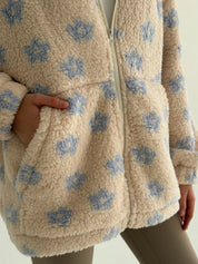 Bluza TEDDY na zamek z kapturem, błękitna w kwiaty
