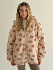 Bluza TEDDY na zamek z kapturem, brązowa w kwiaty