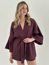 Komplet kimono i szorty muślin dwuwarstwowy, fioletowy