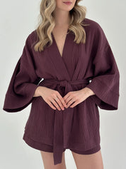 Komplet kimono i szorty muślin dwuwarstwowy, fioletowy