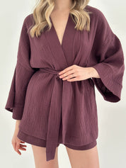 Komplet kimono i szorty muślin dwuwarstwowy, fioletowy