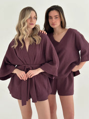 Komplet kimono i szorty muślin dwuwarstwowy, fioletowy