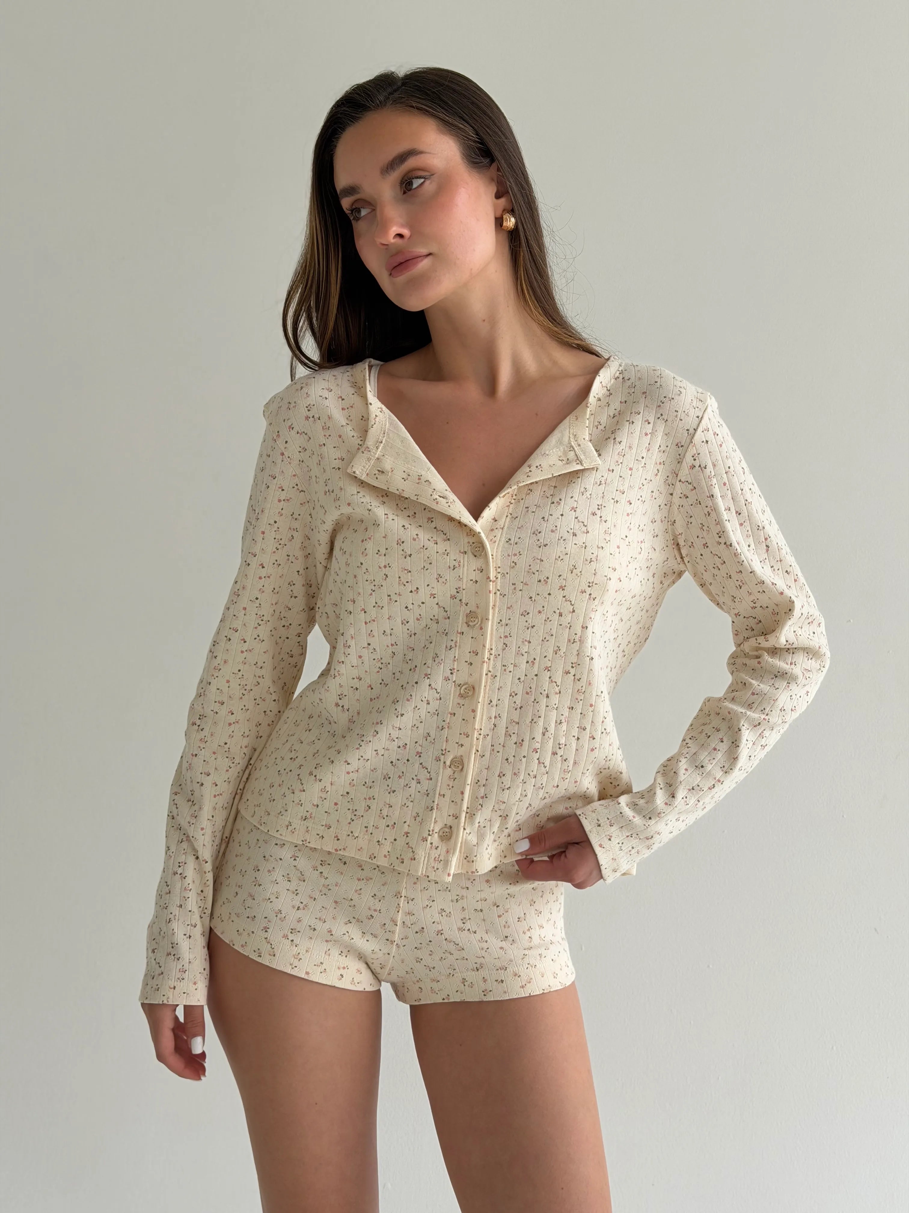 Longsleeve, dzianina prążkowana, różowy w kwiaty