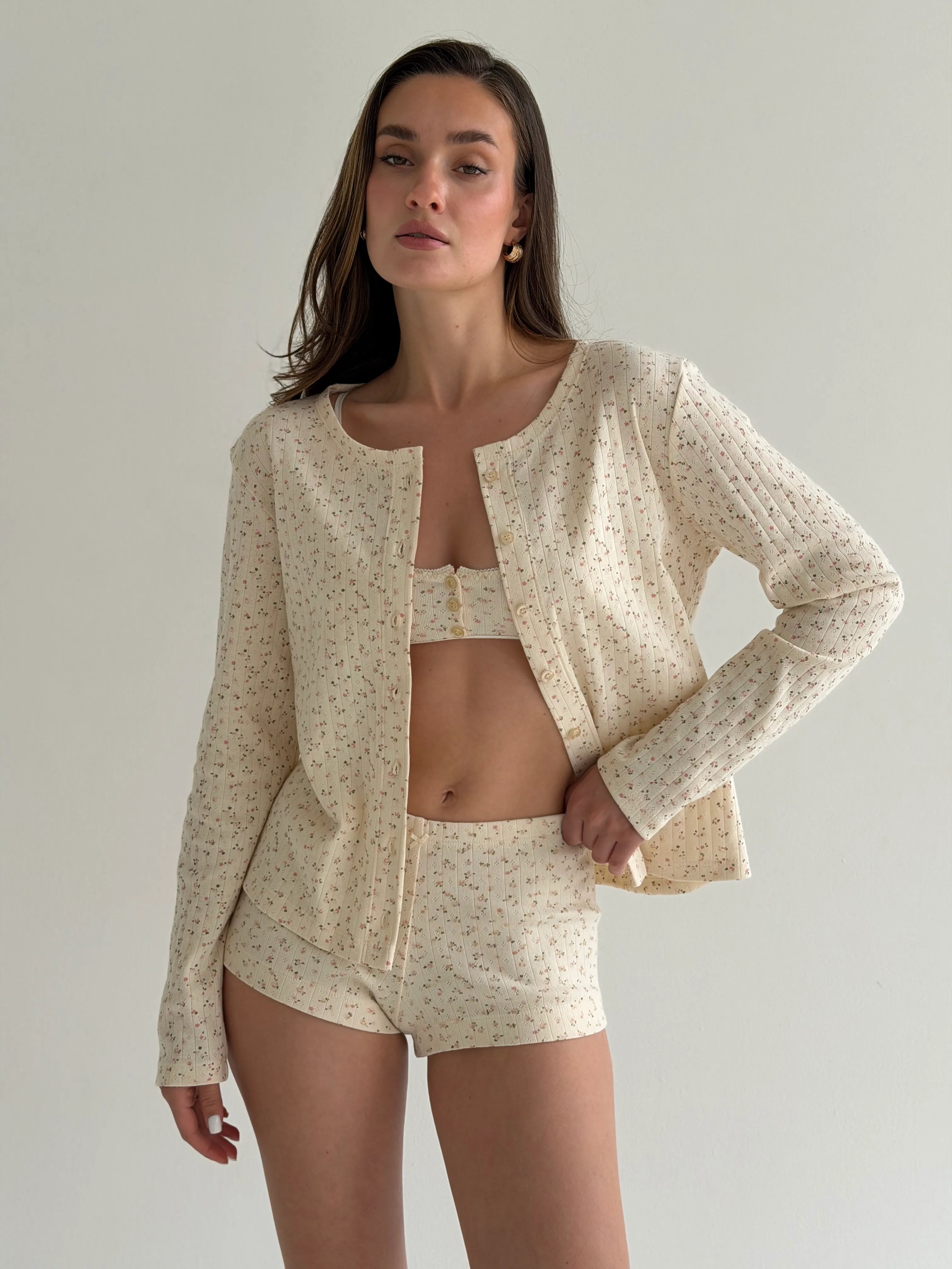 Longsleeve, dzianina prążkowana, różowy w kwiaty