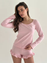Komplet longsleeve i szorty z falbanami, z dzianiny single jersey, różowy