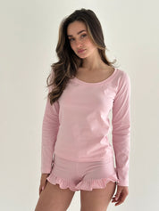 Komplet longsleeve i szorty z falbanami, z dzianiny single jersey, różowy