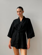 Komplet szlafrok krótki kimono i szorty, z muślinu dwuwarstwowego, czarny