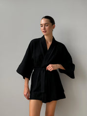 Komplet szlafrok krótki kimono i szorty, z muślinu dwuwarstwowego, czarny