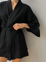 Komplet szlafrok krótki kimono i szorty, z muślinu dwuwarstwowego, czarny