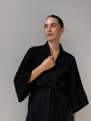 Komplet szlafrok krótki kimono i szorty, z muślinu dwuwarstwowego, czarny