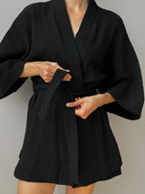 Komplet szlafrok krótki kimono i szorty, z muślinu dwuwarstwowego, czarny