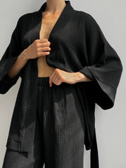 Komplet szlafrok krótki kimono i spodnie, z muślinu dwuwarstwowego, czarny